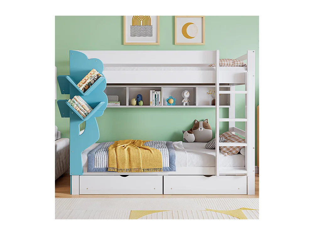 Lit superposé 90x200 avec bibliothèque en forme d’arbre rayonnage ouvert deux tiroirs sur roulettes avec barrière de sécurité en pin et MDF blanc et bleu