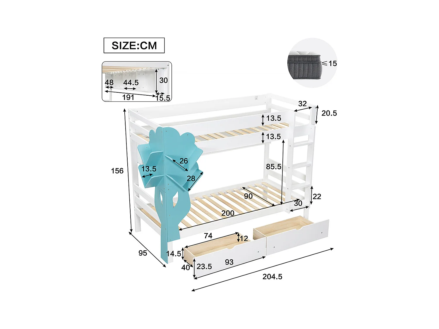 Lit superposé 90x200 avec bibliothèque en forme d’arbre rayonnage ouvert deux tiroirs sur roulettes avec barrière de sécurité en pin et MDF blanc et bleu