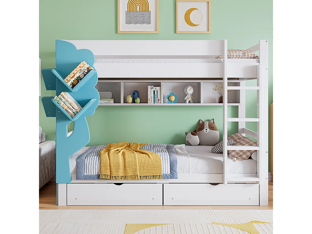 Lit superposé 90x200 avec bibliothèque en forme d’arbre rayonnage ouvert deux tiroirs sur roulettes avec barrière de sécurité en pin et MDF blanc et bleu