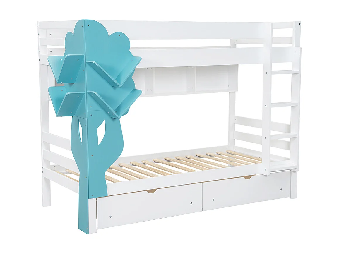 Lit superposé 90x200 avec bibliothèque en forme d’arbre rayonnage ouvert deux tiroirs sur roulettes avec barrière de sécurité en pin et MDF blanc et bleu
