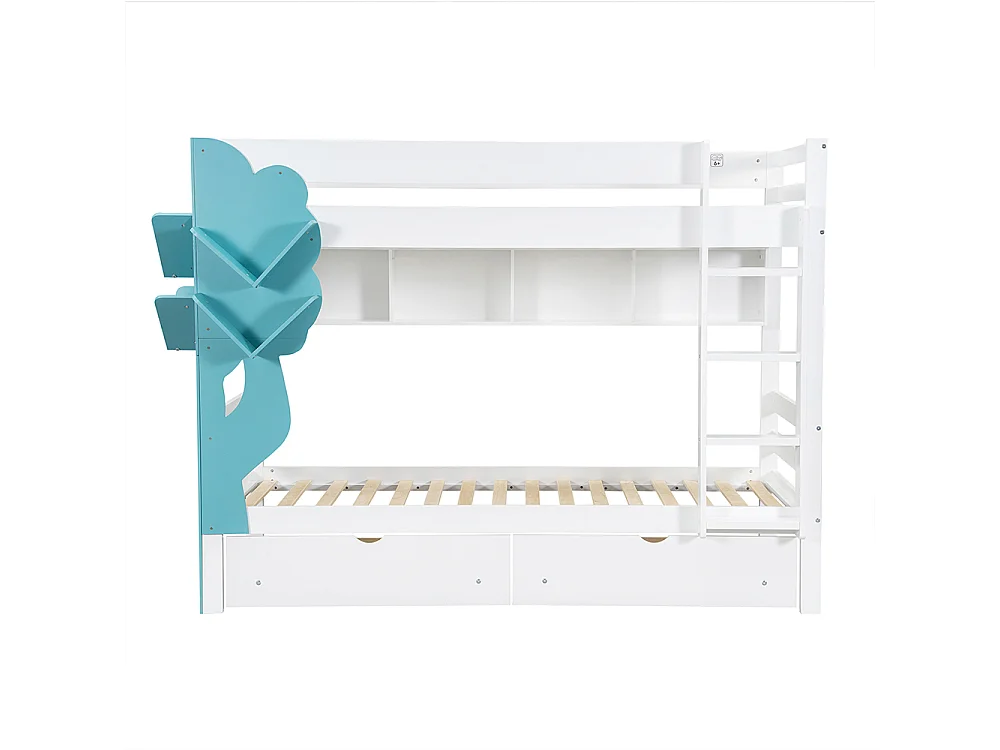 Lit superposé 90x200 avec bibliothèque en forme d’arbre rayonnage ouvert deux tiroirs sur roulettes avec barrière de sécurité en pin et MDF blanc et bleu
