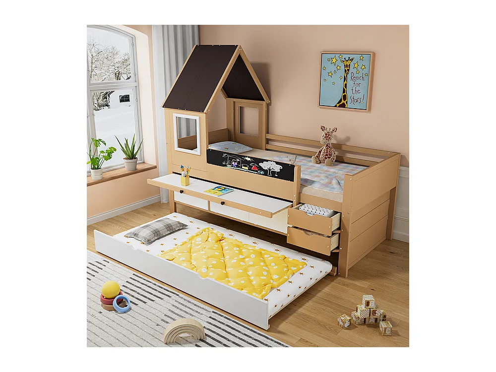 Lit superposé 90x200 et 90x190 cm lit cabane avec tiroirs et petite table intégrée avec fenêtre structure en pin décor graffiti en pin et MDF blanc naturel