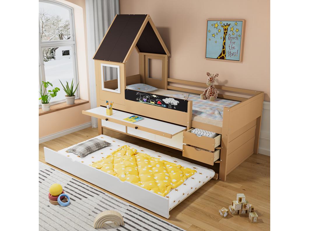 Stapelbed 90x200 en 90x190 cm hutbed met lades en geïntegreerd tafeltje met raam, structuur van grenenhout met graffitidesign in grenenhout en naturel wit MDF