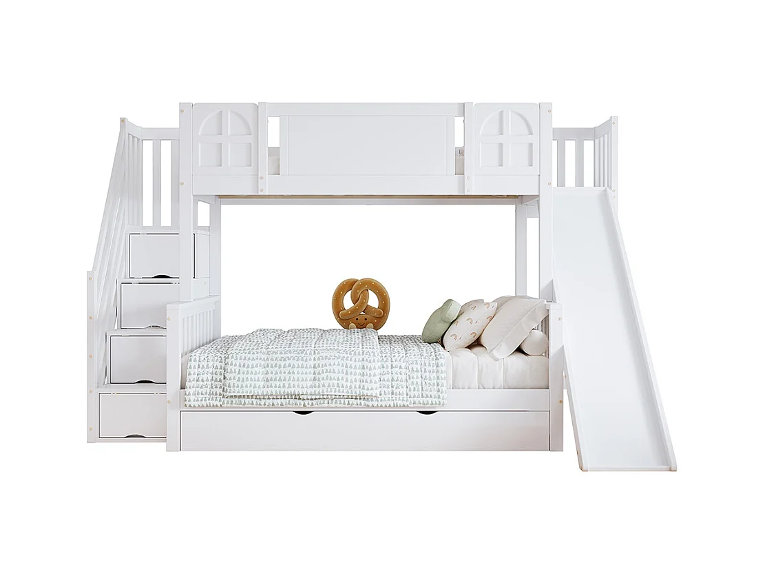 Lit superposé 90x200 lit enfant avec fenêtre toboggan tiroirs à roulettes escalier avec rampe et 4 casiers intégrés design multifonction en pin et MDF blanc