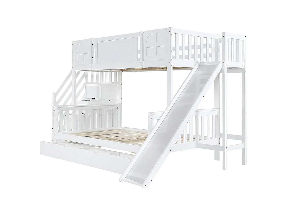 Lit superposé 90x200 lit enfant avec fenêtre toboggan tiroirs à roulettes escalier avec rampe et 4 casiers intégrés design multifonction en pin et MDF blanc