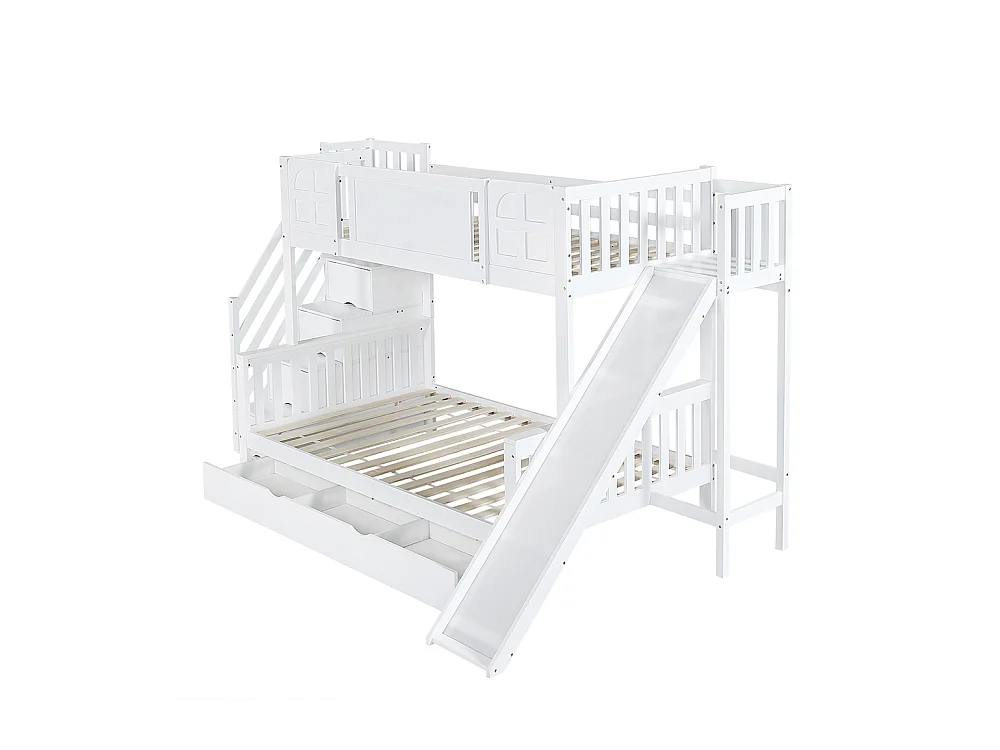 Lit superposé 90x200 lit enfant avec fenêtre toboggan tiroirs à roulettes escalier avec rampe et 4 casiers intégrés design multifonction en pin et MDF blanc