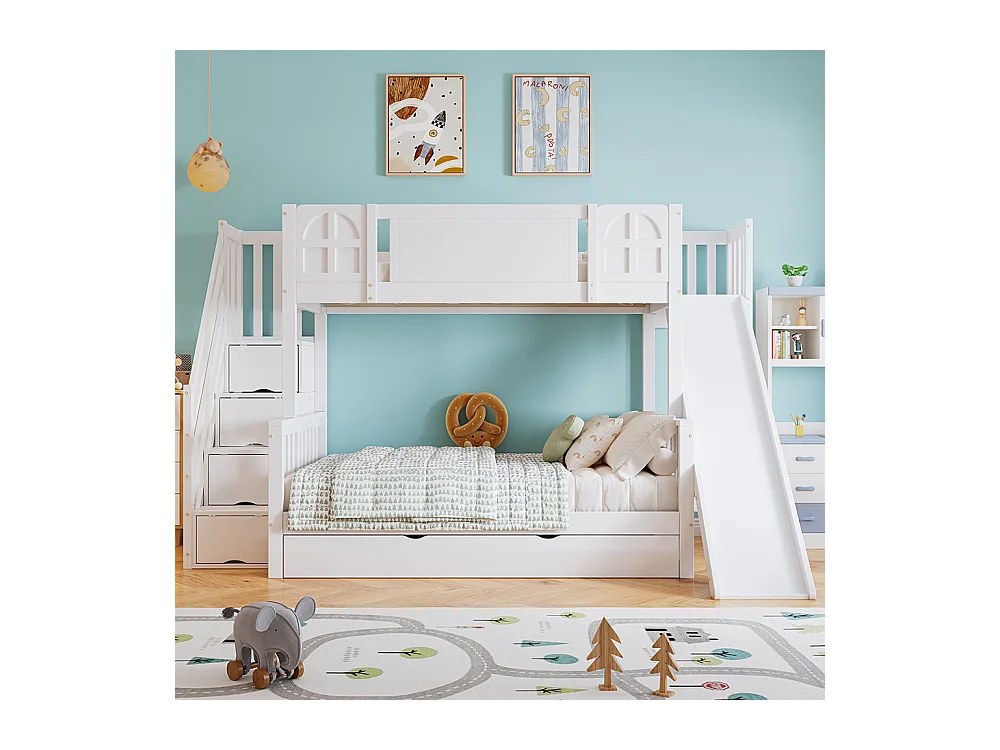 Lit superposé 90x200 lit enfant avec fenêtre toboggan tiroirs à roulettes escalier avec rampe et 4 casiers intégrés design multifonction en pin et MDF blanc