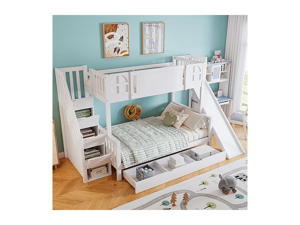 Lit superposé 90x200 lit enfant avec fenêtre toboggan tiroirs à roulettes escalier avec rampe et 4 casiers intégrés design multifonction en pin et MDF blanc