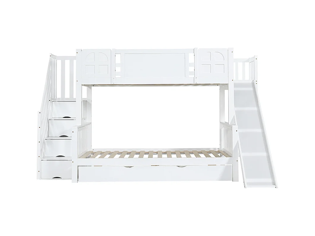Lit superposé 90x200 lit enfant avec fenêtre toboggan tiroirs à roulettes escalier avec rampe et 4 casiers intégrés design multifonction en pin et MDF blanc