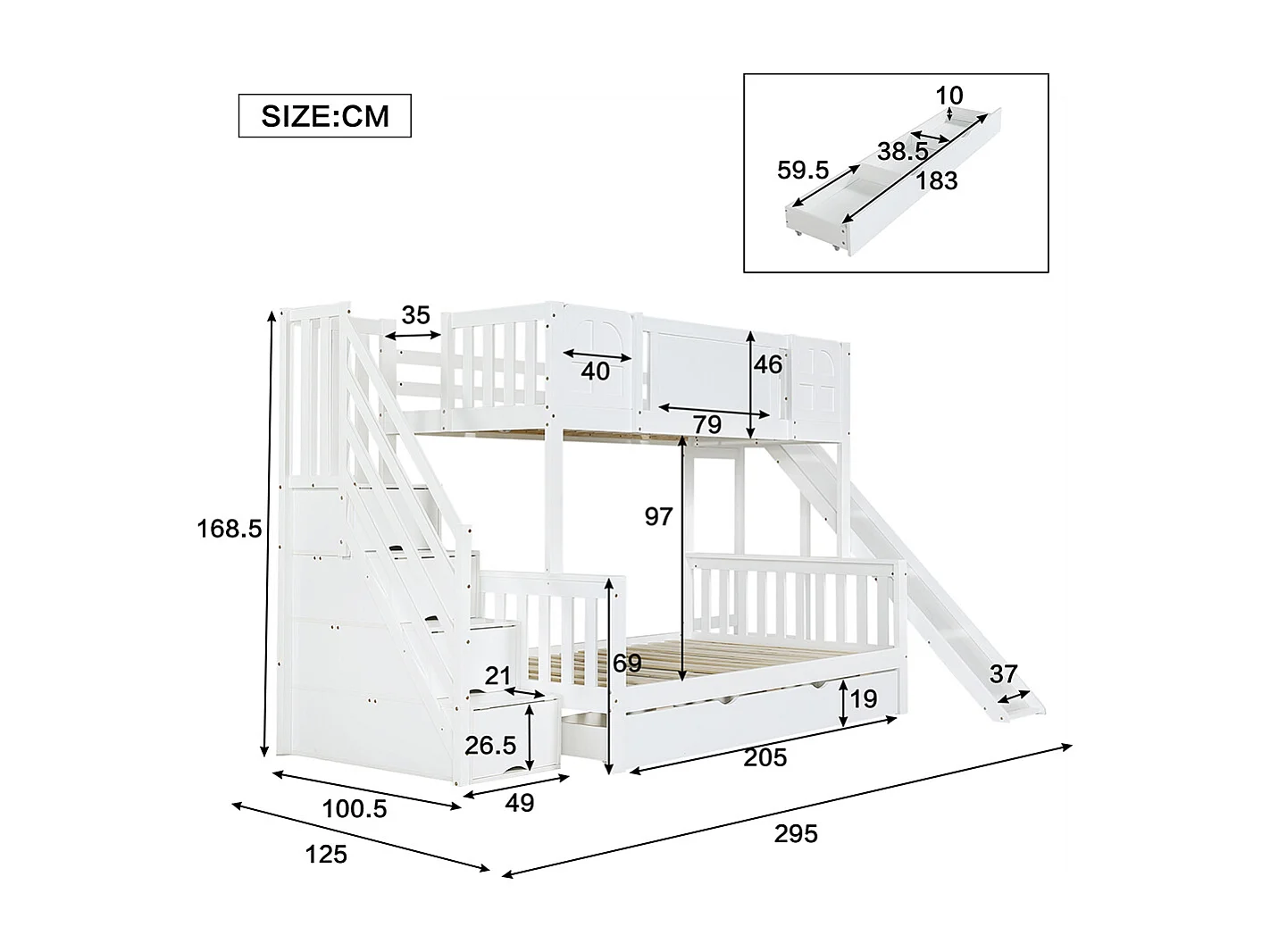 Lit superposé 90x200 lit enfant avec fenêtre toboggan tiroirs à roulettes escalier avec rampe et 4 casiers intégrés design multifonction en pin et MDF blanc
