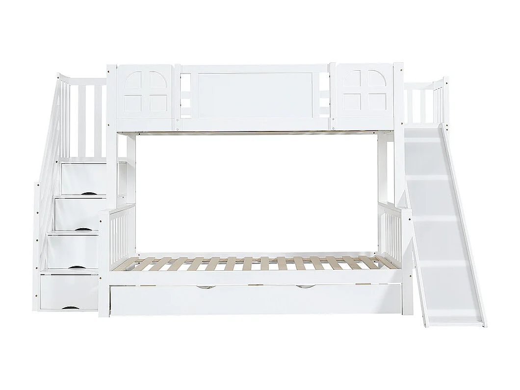 Lit superposé 90x200 lit enfant avec fenêtre toboggan tiroirs à roulettes escalier avec rampe et 4 casiers intégrés design multifonction en pin et MDF blanc