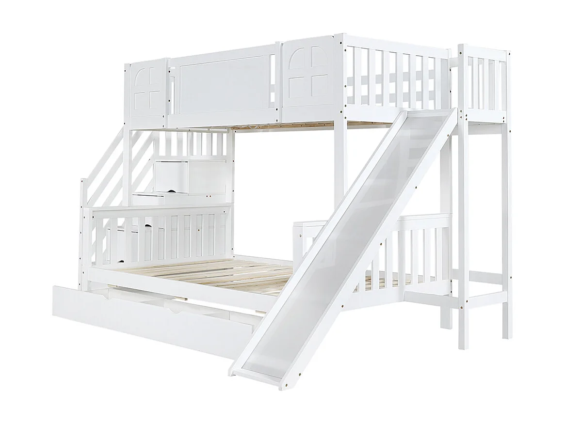 Lit superposé 90x200 lit enfant avec fenêtre toboggan tiroirs à roulettes escalier avec rampe et 4 casiers intégrés design multifonction en pin et MDF blanc