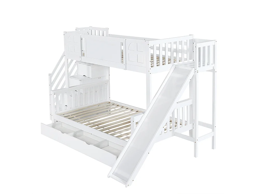 Lit superposé 90x200 lit enfant avec fenêtre toboggan tiroirs à roulettes escalier avec rampe et 4 casiers intégrés design multifonction en pin et MDF blanc