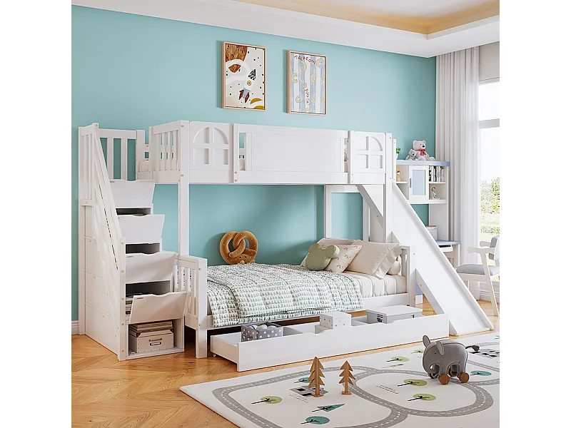 Lit superposé 90x200 lit enfant avec fenêtre toboggan tiroirs à roulettes escalier avec rampe et 4 casiers intégrés design multifonction en pin et MDF blanc