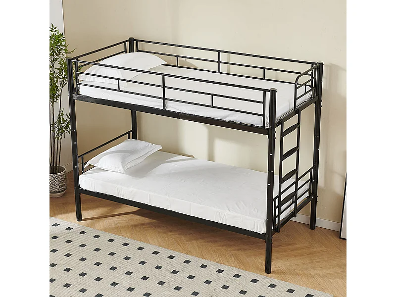 Lit superposé pour enfants 90x200 avec protections latérales transformable en deux lits simples avec escalier antidérapant finition noire