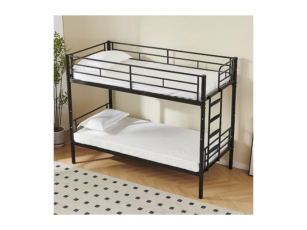 Lit superposé pour enfants 90x200 avec protections latérales transformable en deux lits simples avec escalier antidérapant finition noire