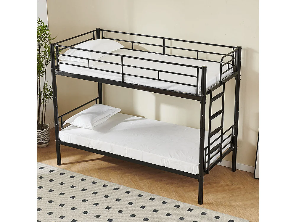 Lit superposé pour enfants 90x200 avec protections latérales transformable en deux lits simples avec escalier antidérapant finition noire