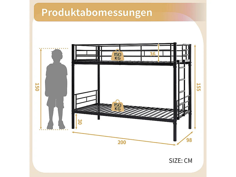 Lit superposé pour enfants 90x200 avec protections latérales transformable en deux lits simples avec escalier antidérapant finition noire