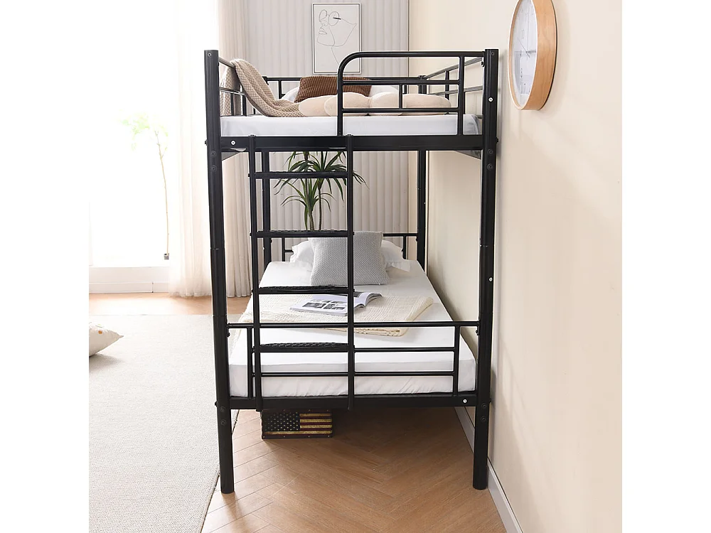 Lit superposé pour enfants 90x200 avec protections latérales transformable en deux lits simples avec escalier antidérapant finition noire