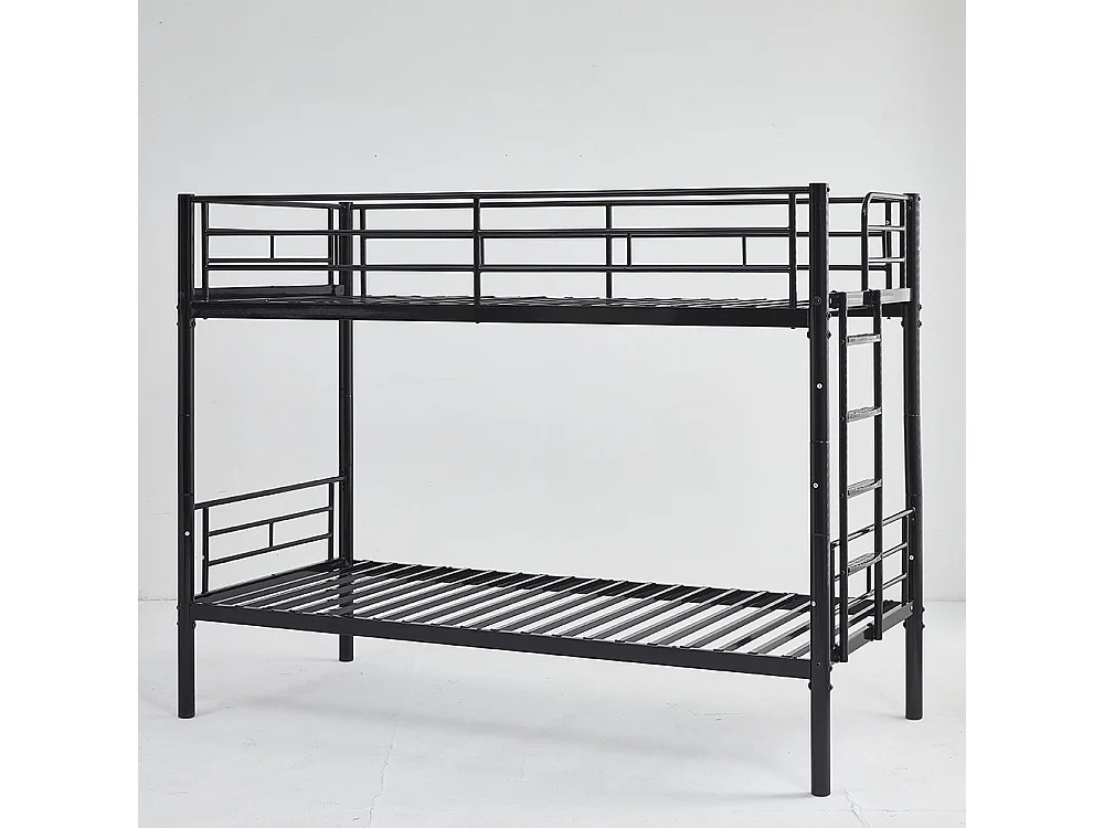 Lit superposé pour enfants 90x200 avec protections latérales transformable en deux lits simples avec escalier antidérapant finition noire