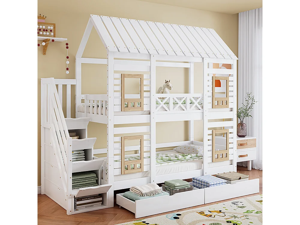 Stapelbed 90x200 met contrasterende veiligheidshekken met raam, 2 lades op wieltjes, trap met 4 opbergvakken van wit grenen