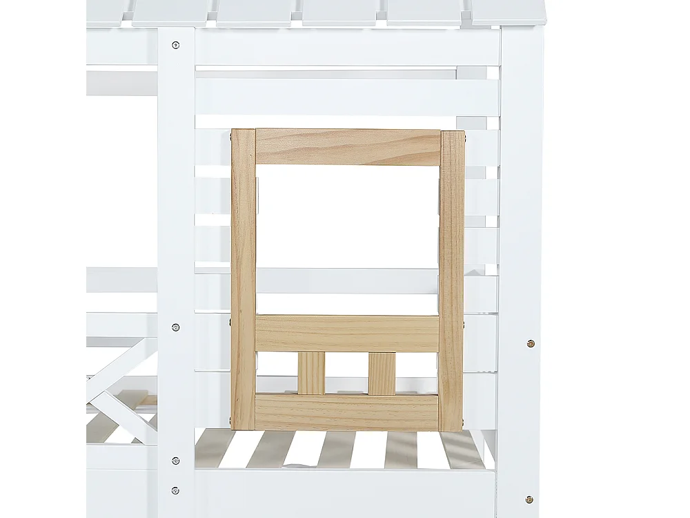 Stapelbed 90x200 met contrasterende veiligheidshekken met raam, 2 lades op wieltjes, trap met 4 opbergvakken van wit grenen