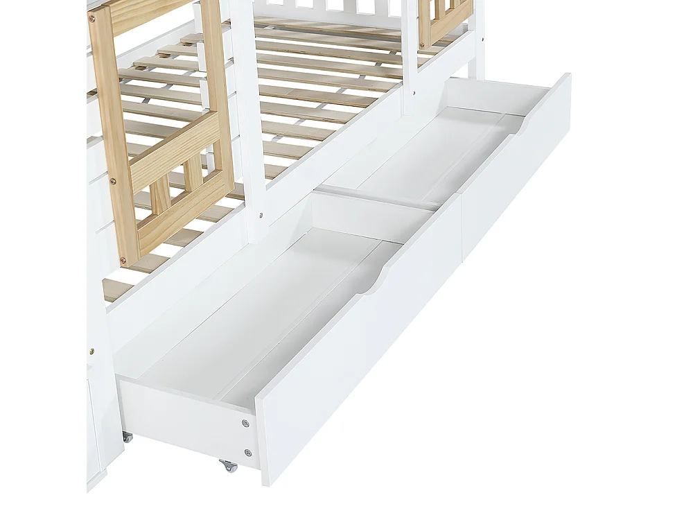 Stapelbed 90x200 met contrasterende veiligheidshekken met raam, 2 lades op wieltjes, trap met 4 opbergvakken van wit grenen