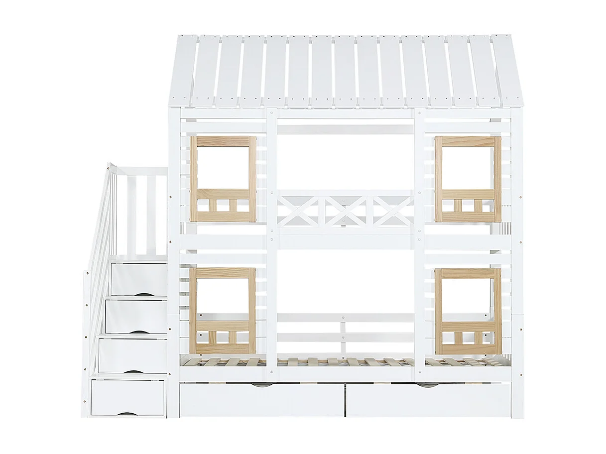 Stapelbed 90x200 met contrasterende veiligheidshekken met raam, 2 lades op wieltjes, trap met 4 opbergvakken van wit grenen