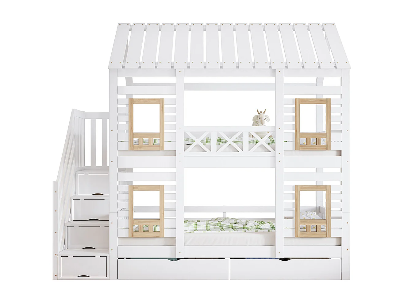 Stapelbed 90x200 met contrasterende veiligheidshekken met raam, 2 lades op wieltjes, trap met 4 opbergvakken van wit grenen