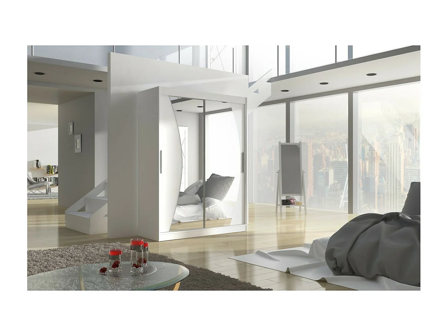 Armoire Moreno (150cm)/portes coulissantes/miroir/Blanc