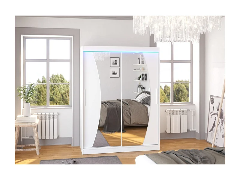 Armoire Moreno (150cm)/portes coulissantes/miroir/LED/Blanc