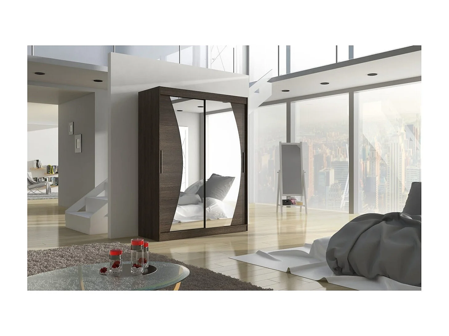 Armadio Moreno (150cm)/ante scorrevoli/specchio/Marrone