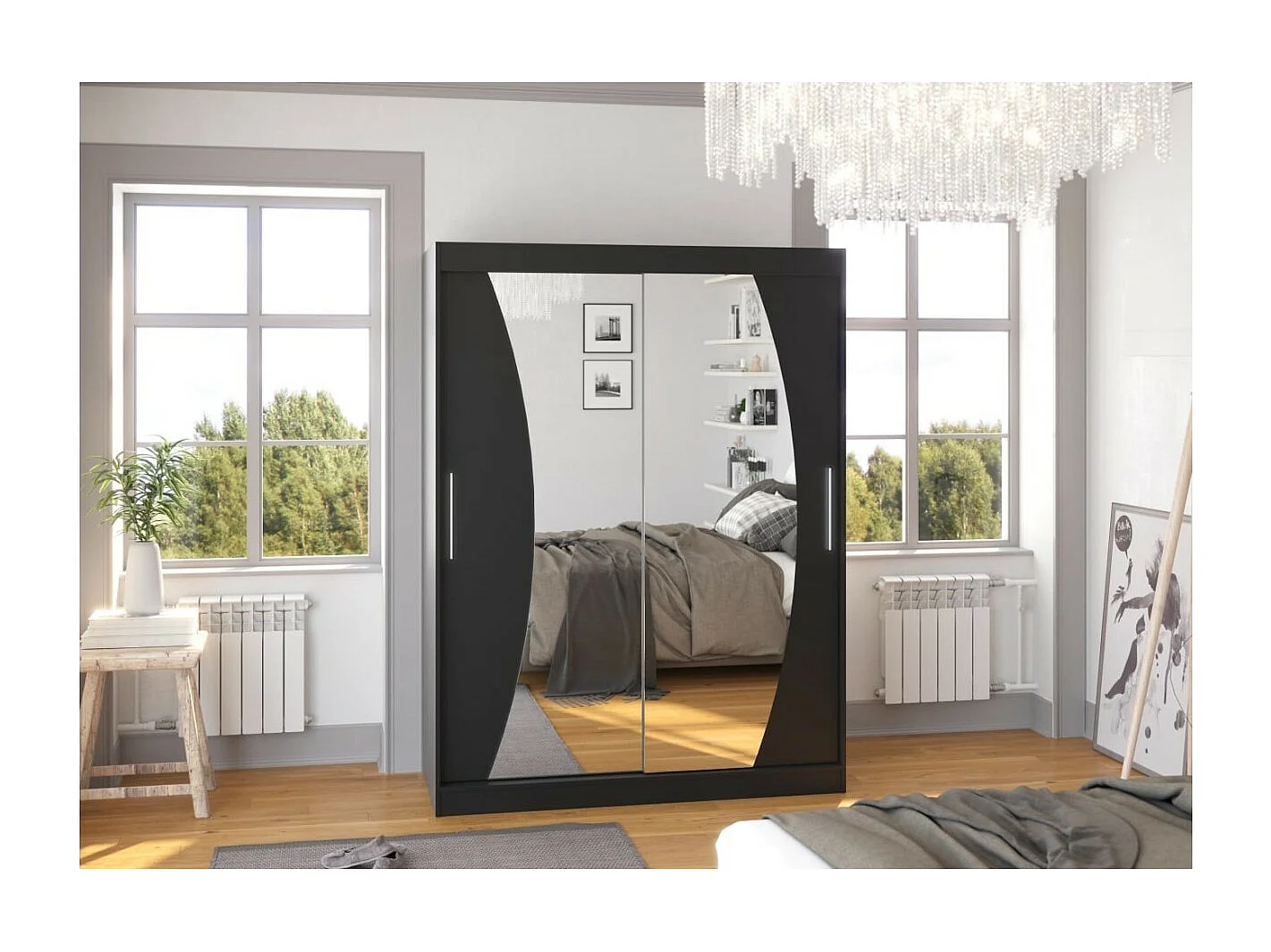 Armadio Moreno (150cm)/ante scorrevoli/specchio/Nero