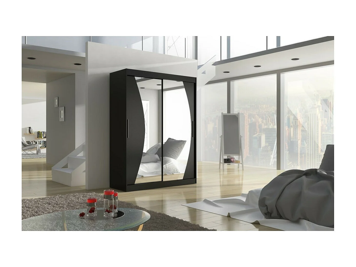 Armoire Moreno (150cm)/portes coulissantes/miroir/Noir