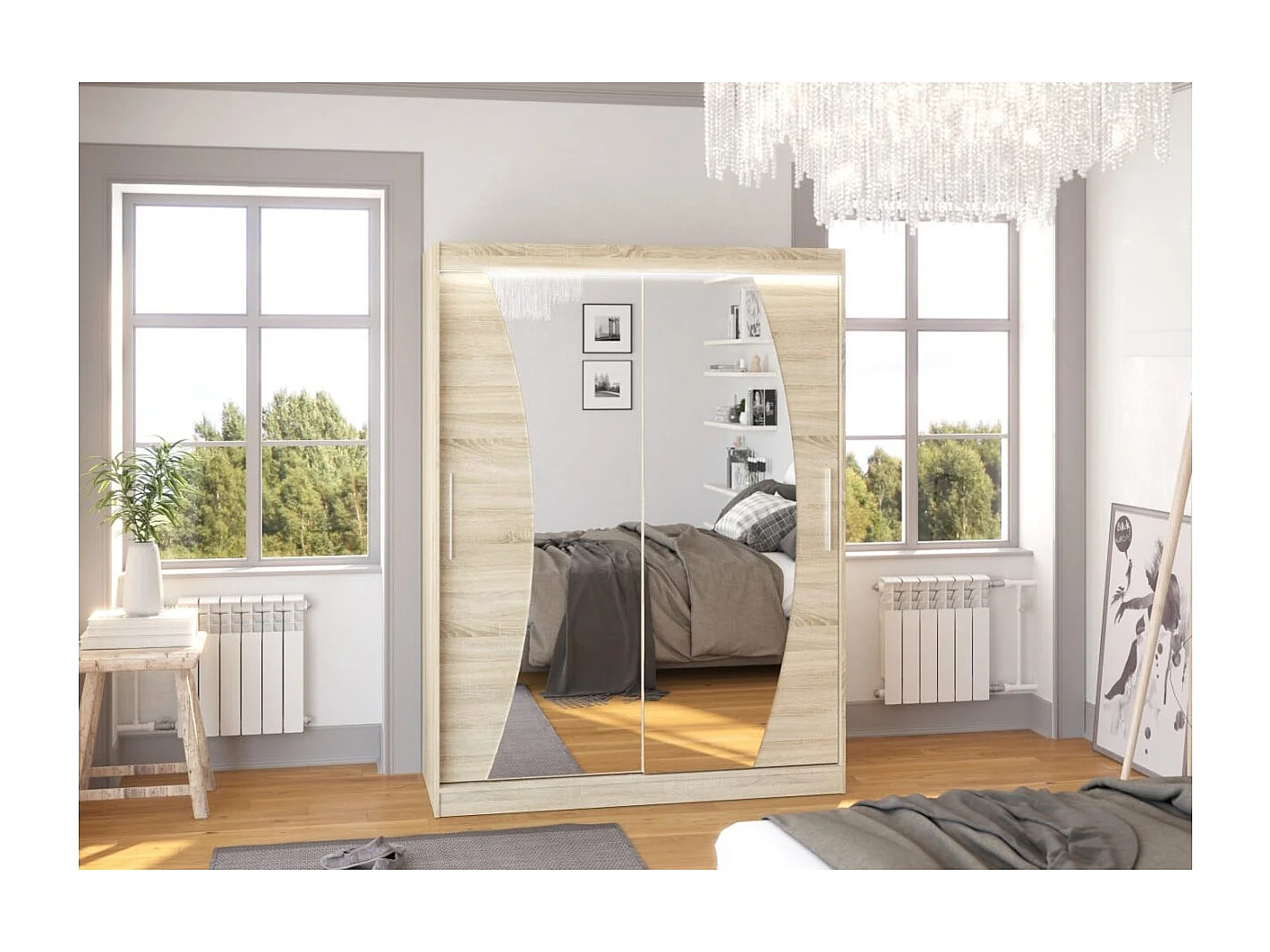 Armadio Moreno (150cm)/ante scorrevoli/specchio/LED/Sonoma