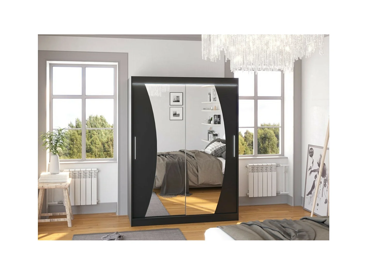 Armoire Moreno (150cm)/portes coulissantes/miroir/LED/Noir