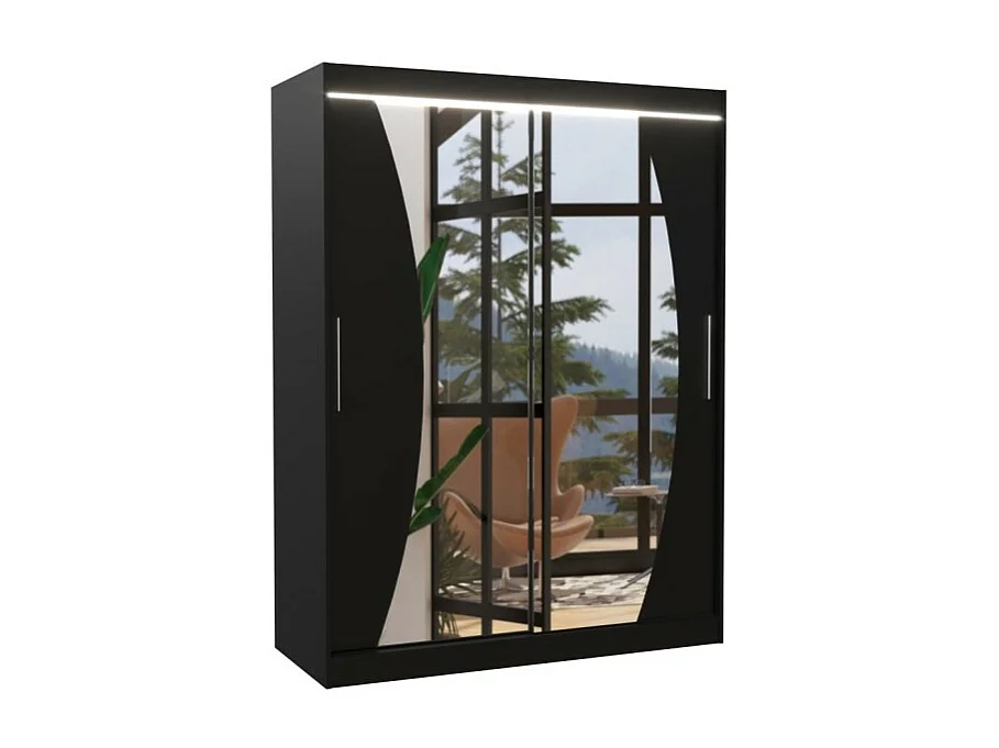 Armadio Moreno (150cm)/ante scorrevoli/specchio/LED/Nero