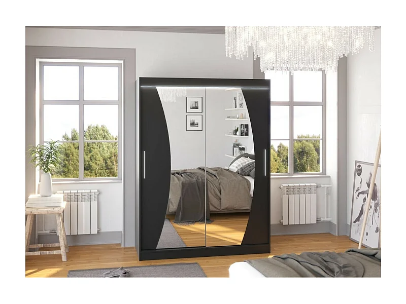 Kleiderschrank Moreno (150cm)/Schiebetüren/Spiegel/LED/Schwarz