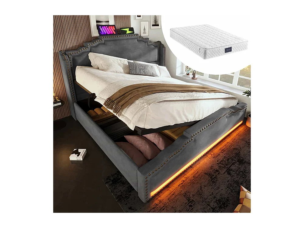 Opbergbed 140x200 tweepersoonsbed met ledverlichting en USB-C-poort tienerbed met matras met grijze fluwelen bekleding