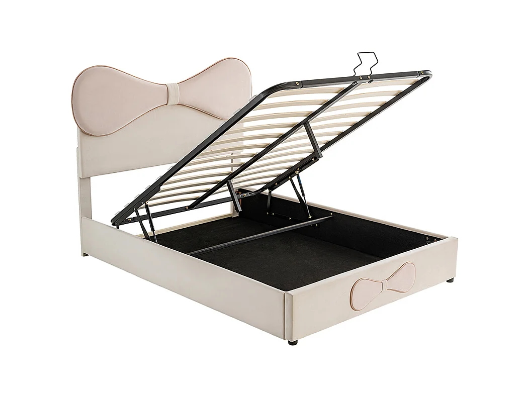 Opbergbed 140x200 tweepersoonsbed met verstelbaar hoofdbord met opbergruimte in beige en roze fluweel