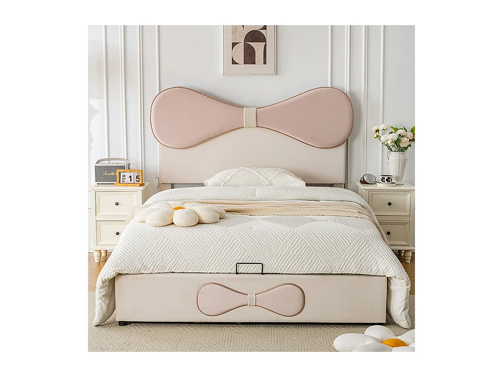 Opbergbed 140x200 tweepersoonsbed met verstelbaar hoofdbord met opbergruimte in beige en roze fluweel