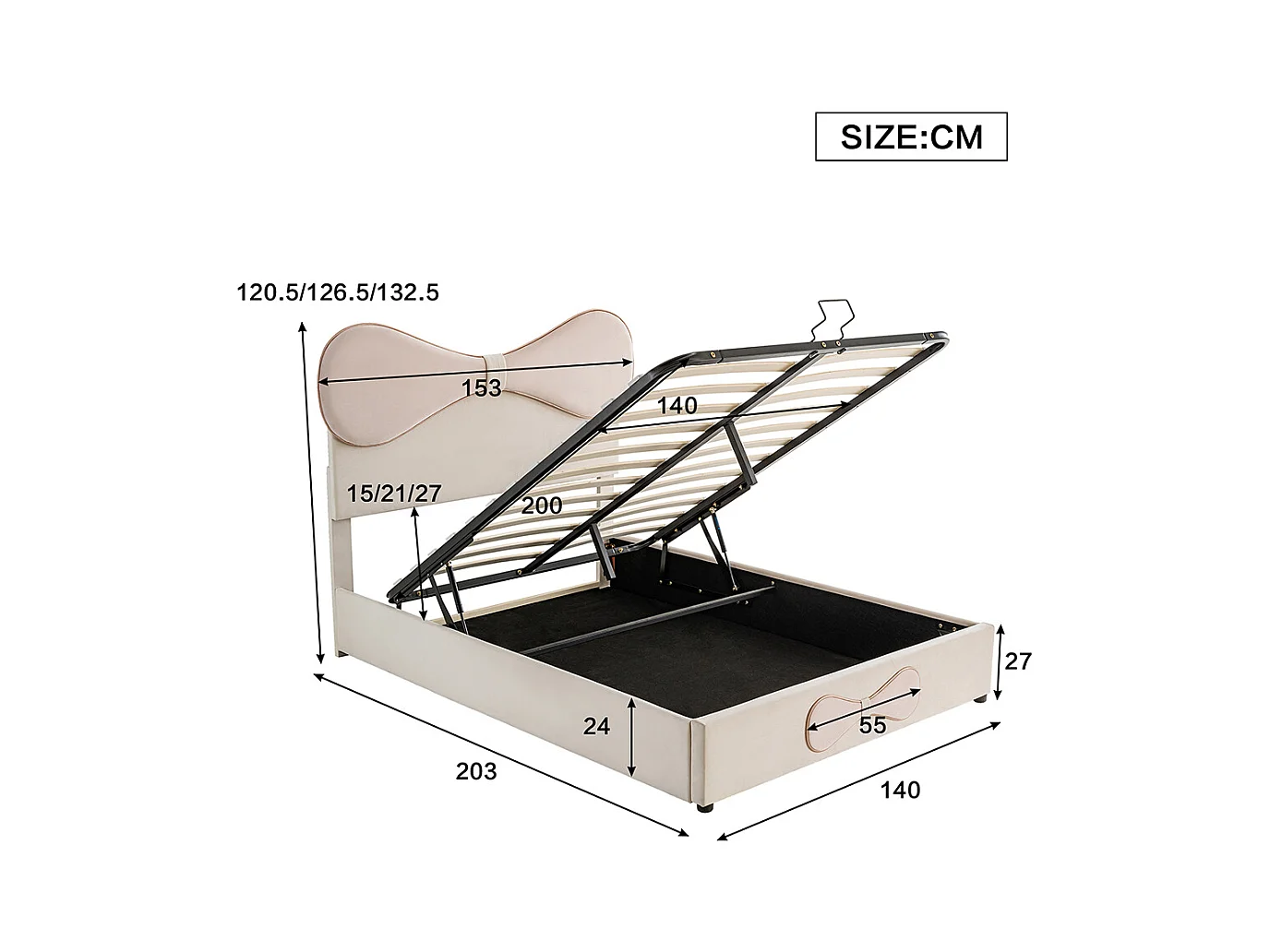 Opbergbed 140x200 tweepersoonsbed met verstelbaar hoofdbord met opbergruimte in beige en roze fluweel