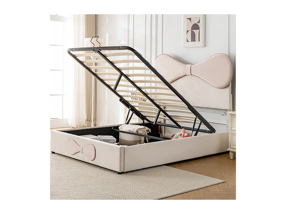 Opbergbed 140x200 tweepersoonsbed met verstelbaar hoofdbord met opbergruimte in beige en roze fluweel