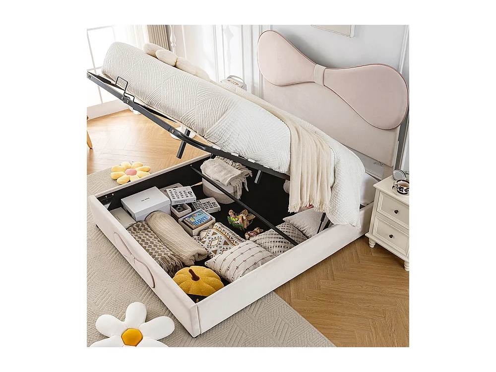 Opbergbed 140x200 tweepersoonsbed met verstelbaar hoofdbord met opbergruimte in beige en roze fluweel