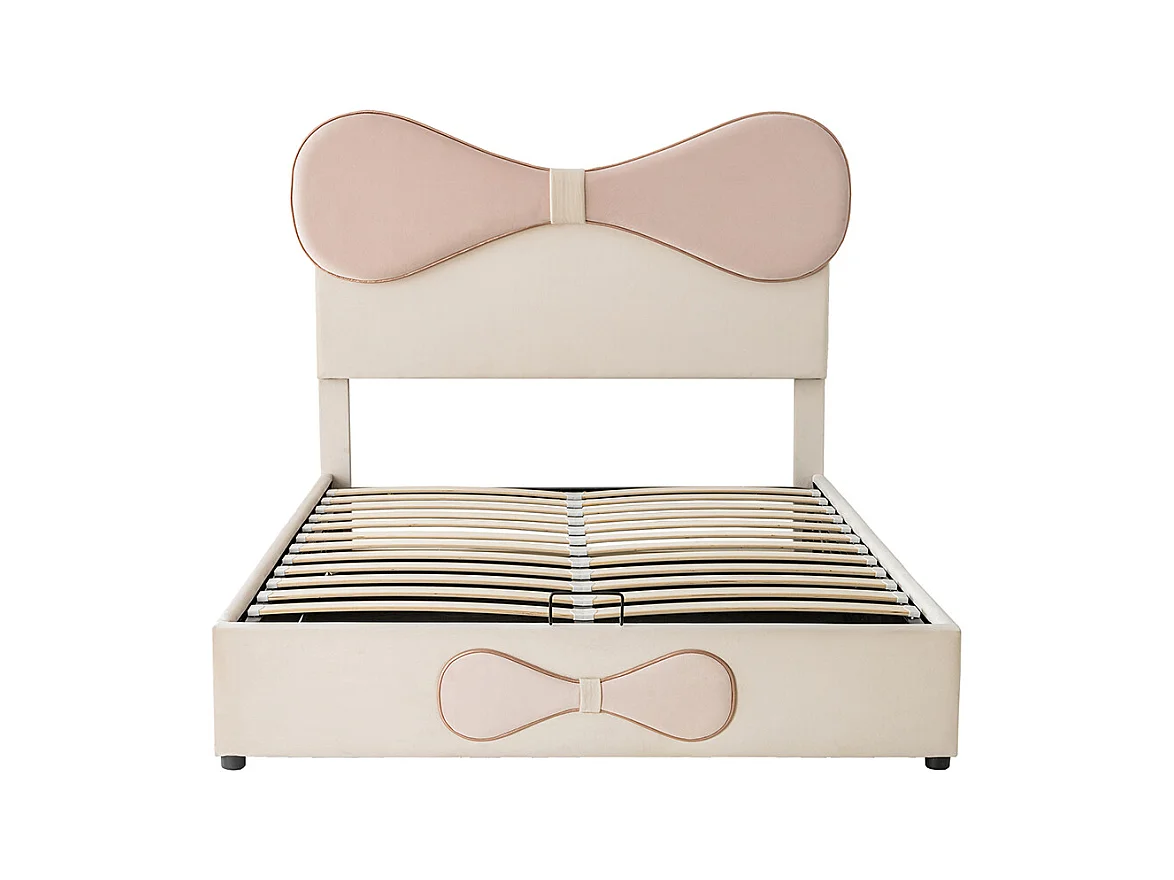 Opbergbed 140x200 tweepersoonsbed met verstelbaar hoofdbord met opbergruimte in beige en roze fluweel