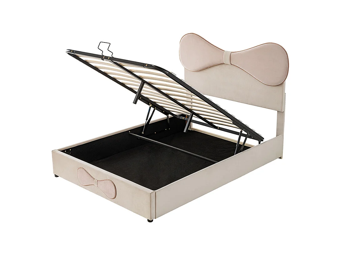 Opbergbed 140x200 tweepersoonsbed met verstelbaar hoofdbord met opbergruimte in beige en roze fluweel