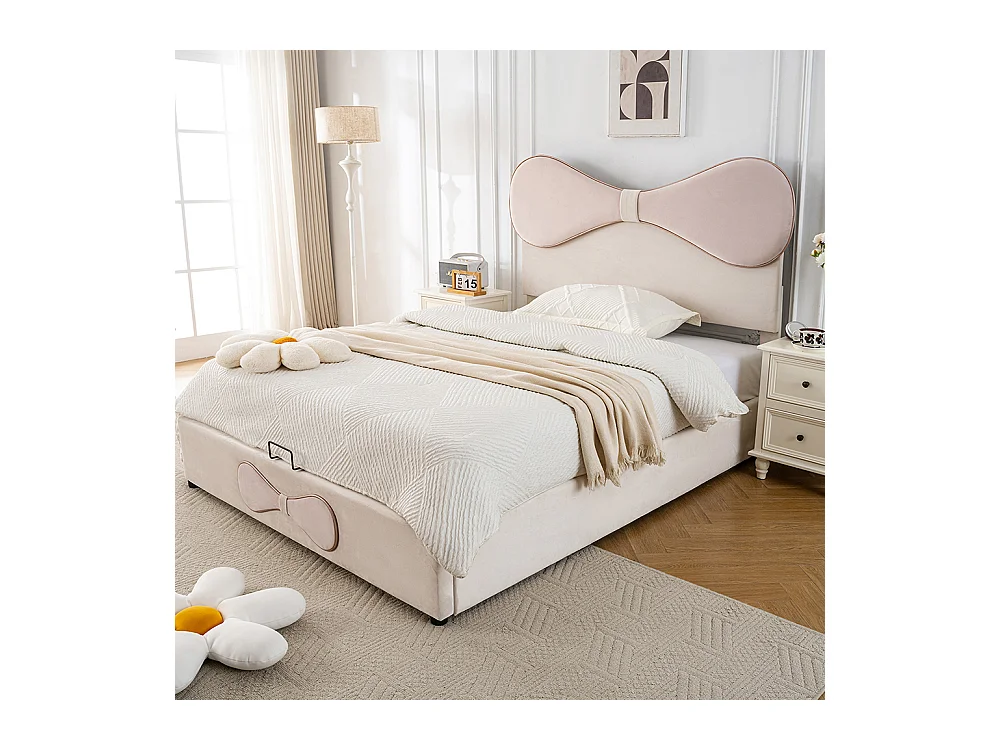 Lit coffre 140x200 lit double avec tête de lit réglable rembourrée avec espace de rangement en velours beige et rose