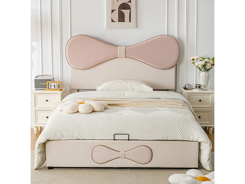 Opbergbed 140x200 tweepersoonsbed met verstelbaar hoofdbord met opbergruimte in beige en roze fluweel