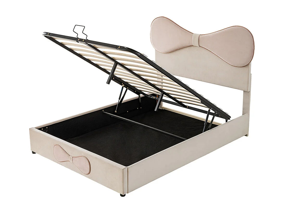 Opbergbed 140x200 tweepersoonsbed met verstelbaar hoofdbord met opbergruimte in beige en roze fluweel