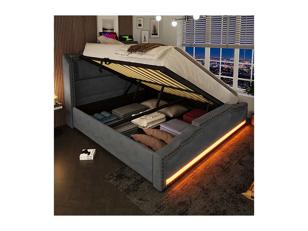 Lit coffre 140x200 lit double avec éclairage LED et port USB-C lit adolescent sanc matelas revêtement velours gris